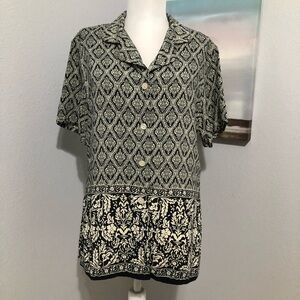 Abría Black and Cream Patterned Button-Up Shirt Size L